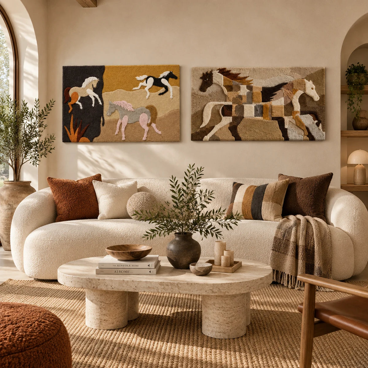 Meadow Procession × Walnut Meadow Horses paired wool wall art in a styled room — Earthbound Horse Meadow