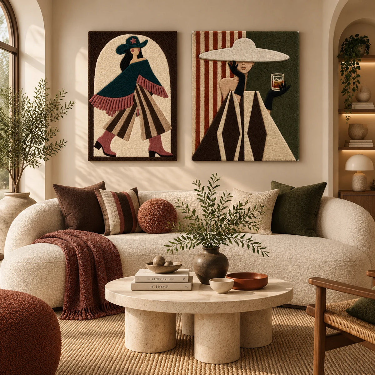 Teal Poncho Promenade × Terracotta Aperitif paired wool wall art in a styled room — Hat and Earth Lines