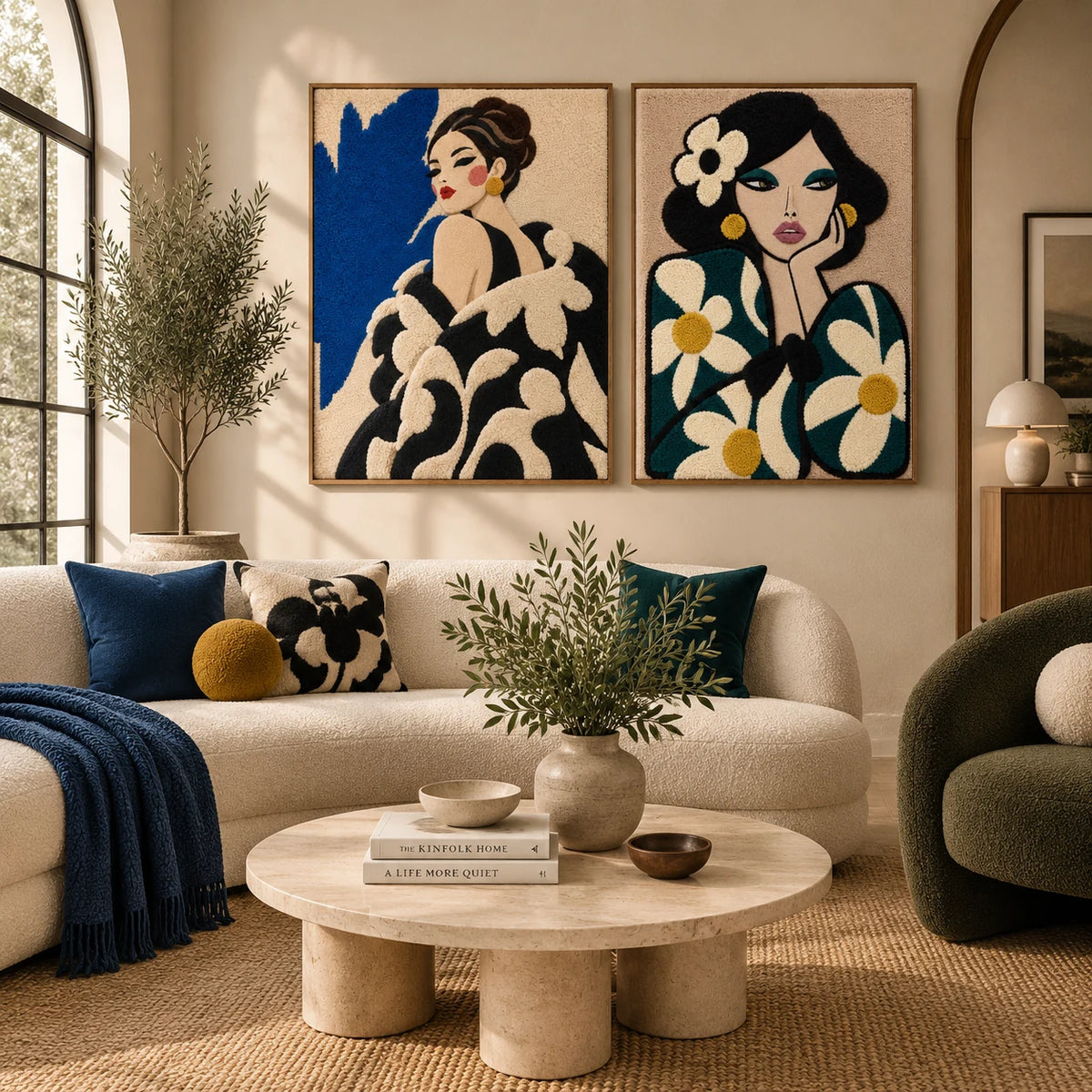 Cobalt Evening Wrap × Teal Daisy Muse paired wool wall art in a styled room — Ivory Bloom Evening