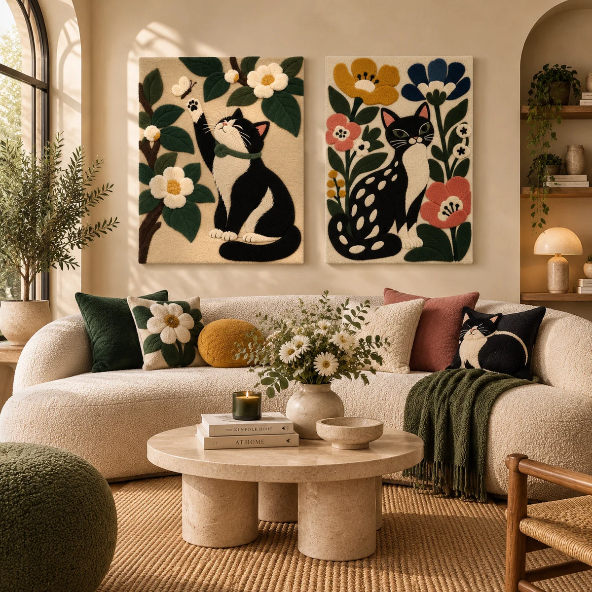 Cat Reaching for a Butterfly × The Cat Among Blossoms paired wool wall art in a styled room — Cats Among Garden Blossoms