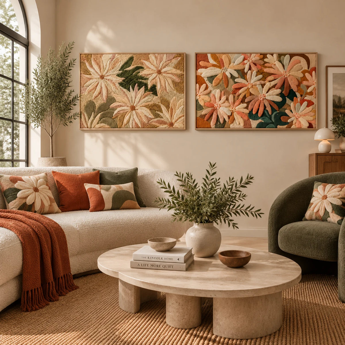 Botanical Chrysanthemum × Daisy Field paired wool wall art in a styled room — Peach Blossom Meadow
