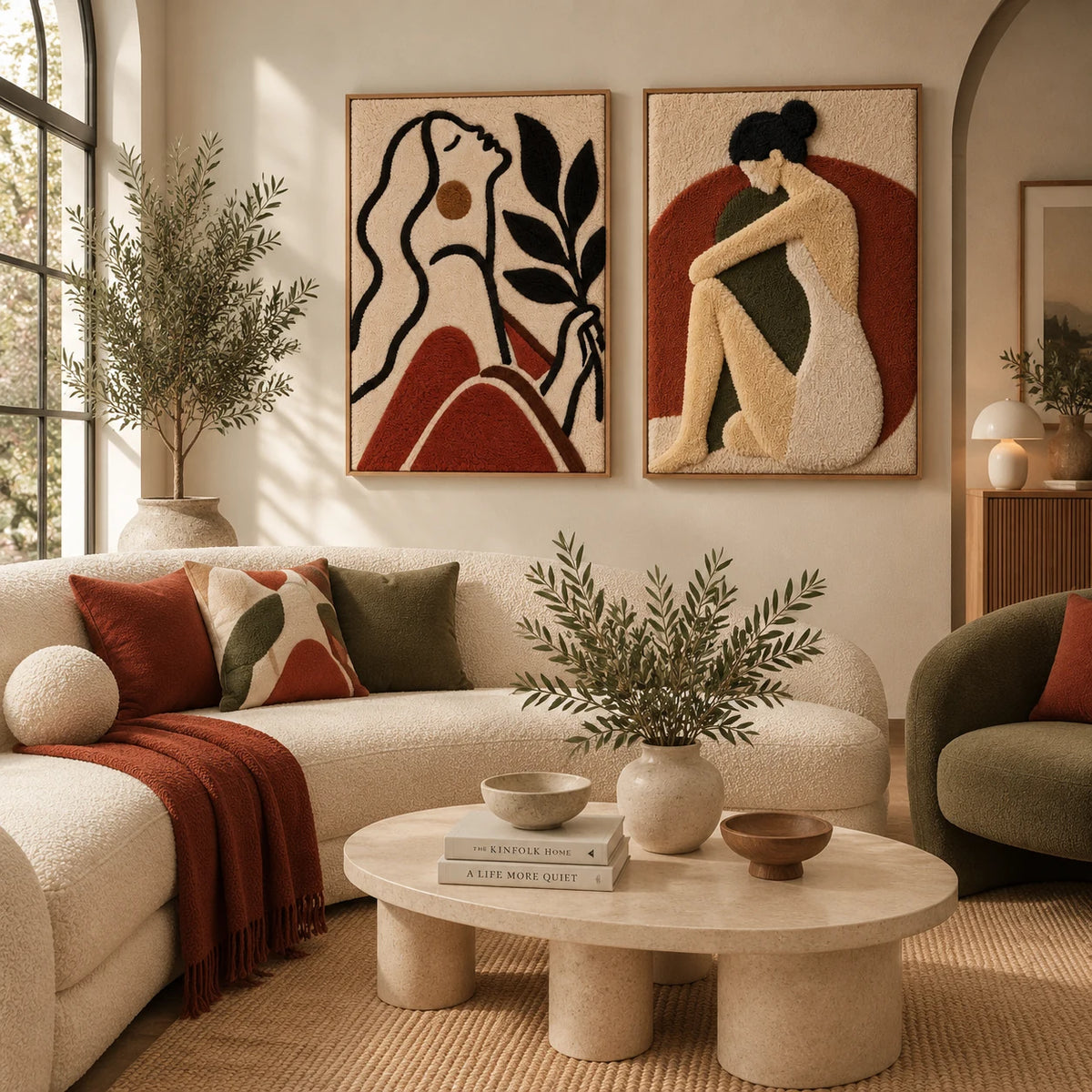 Olive Branch Reverie × Sienna Figure paired wool wall art in a styled room — Quiet Earth Silhouettes