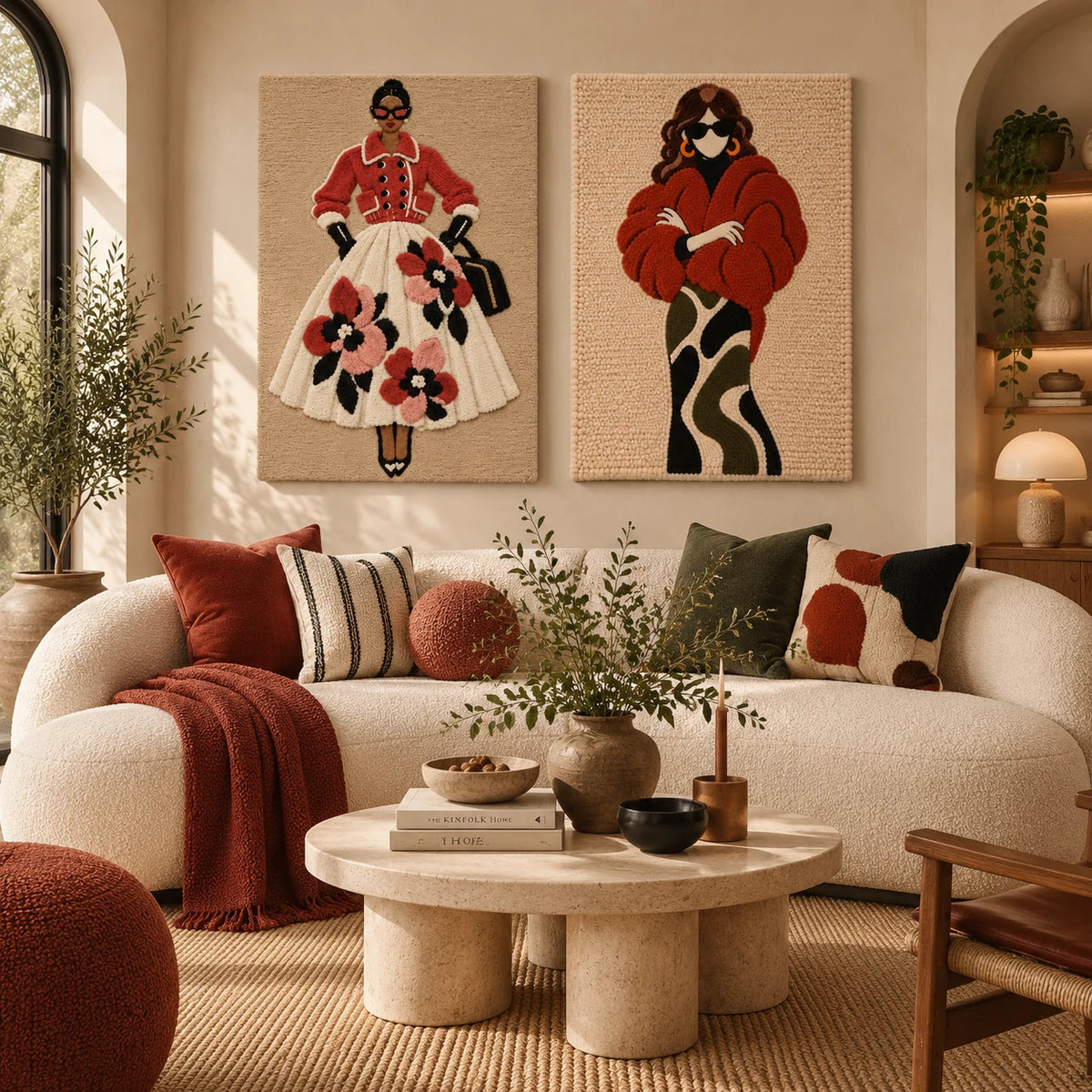 Coral Jacket Blooming Promenade × The Russet Wrap paired wool wall art in a styled room — Russet Floral Poise