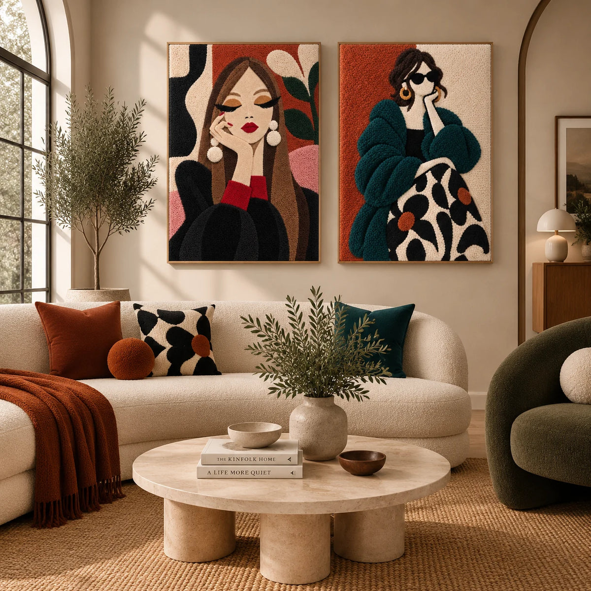 Pearl Earrings in the Color Garden × The Teal Daydream paired wool wall art in a styled room — Pearls and Teal Reverie