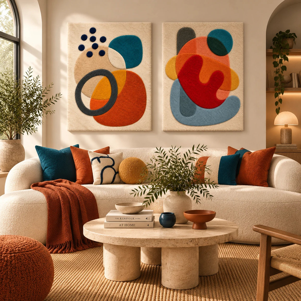 Ochre Orbit and Ink Pebbles × Vermilion Pebble Dance paired wool wall art in a styled room — Warm Pebble Orbits