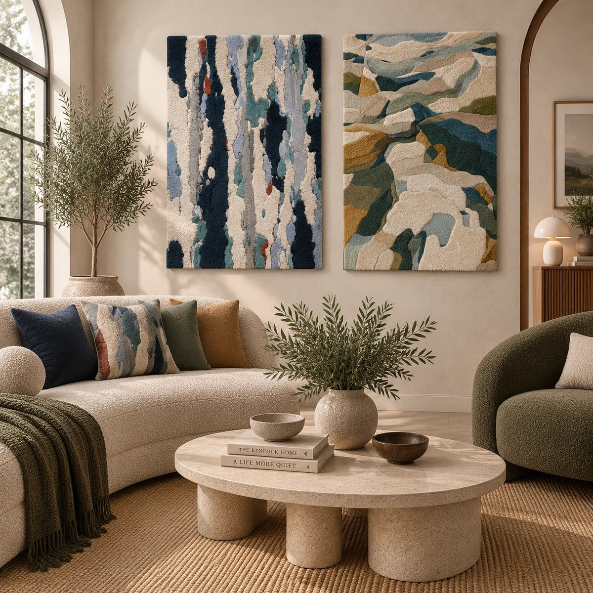 Blue Rain Strata × Glacial Stone Passage paired wool wall art in a styled room — Glacial Water Passage