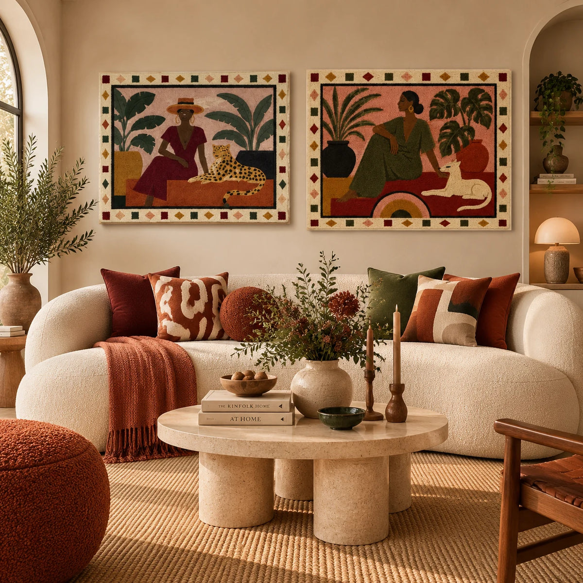 Woman in Red Dress × Woman with Whippet paired wool wall art in a styled room — Garden Companions