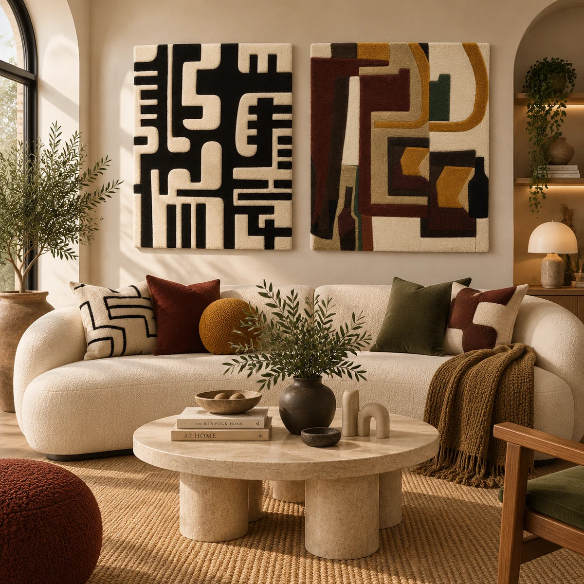 Ivory Circuit Labyrinth × Walnut Labyrinth paired wool wall art in a styled room — Winding Earth Study