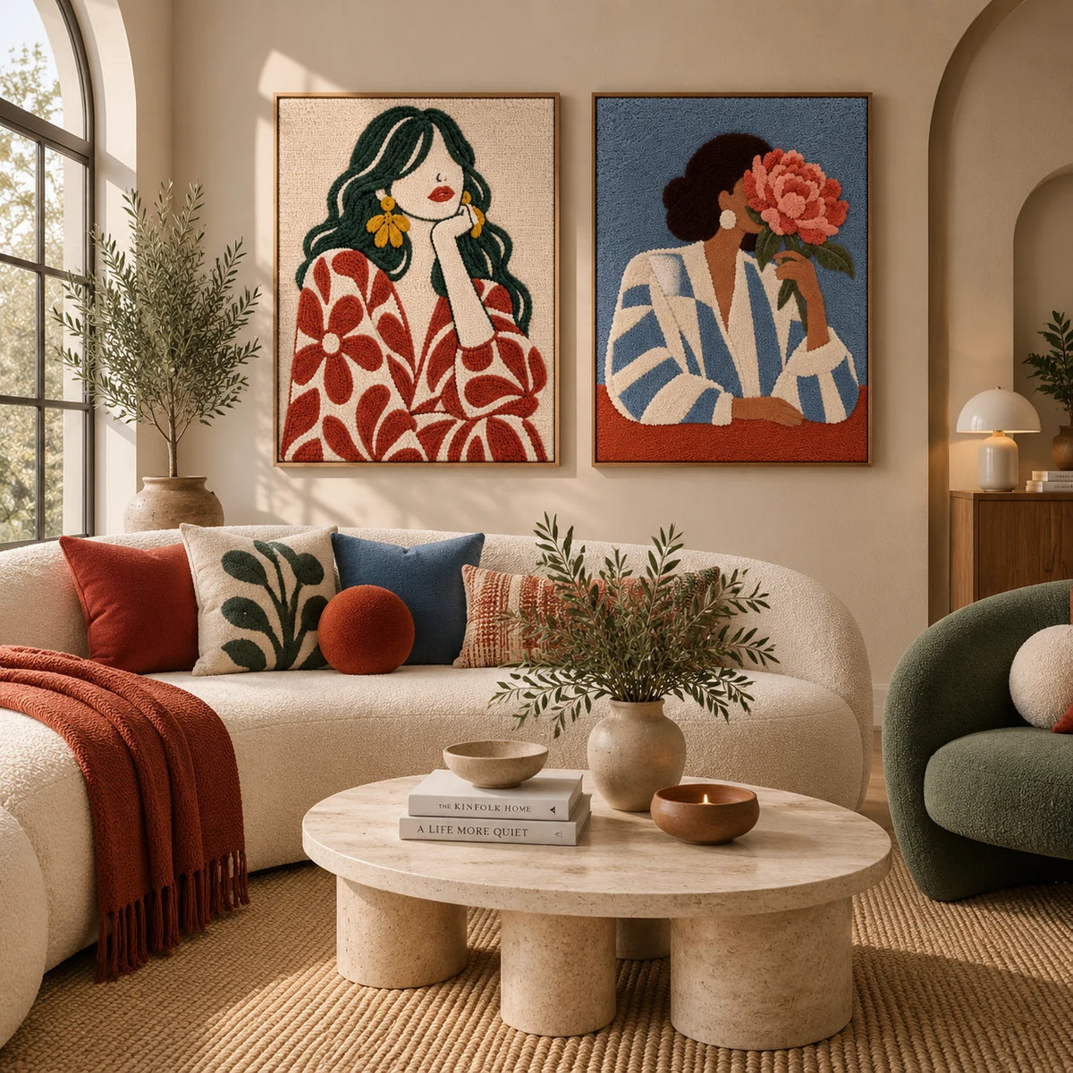 Rust Bloom Daydream × The Peony Pause paired wool wall art in a styled room — Blossom Reverie