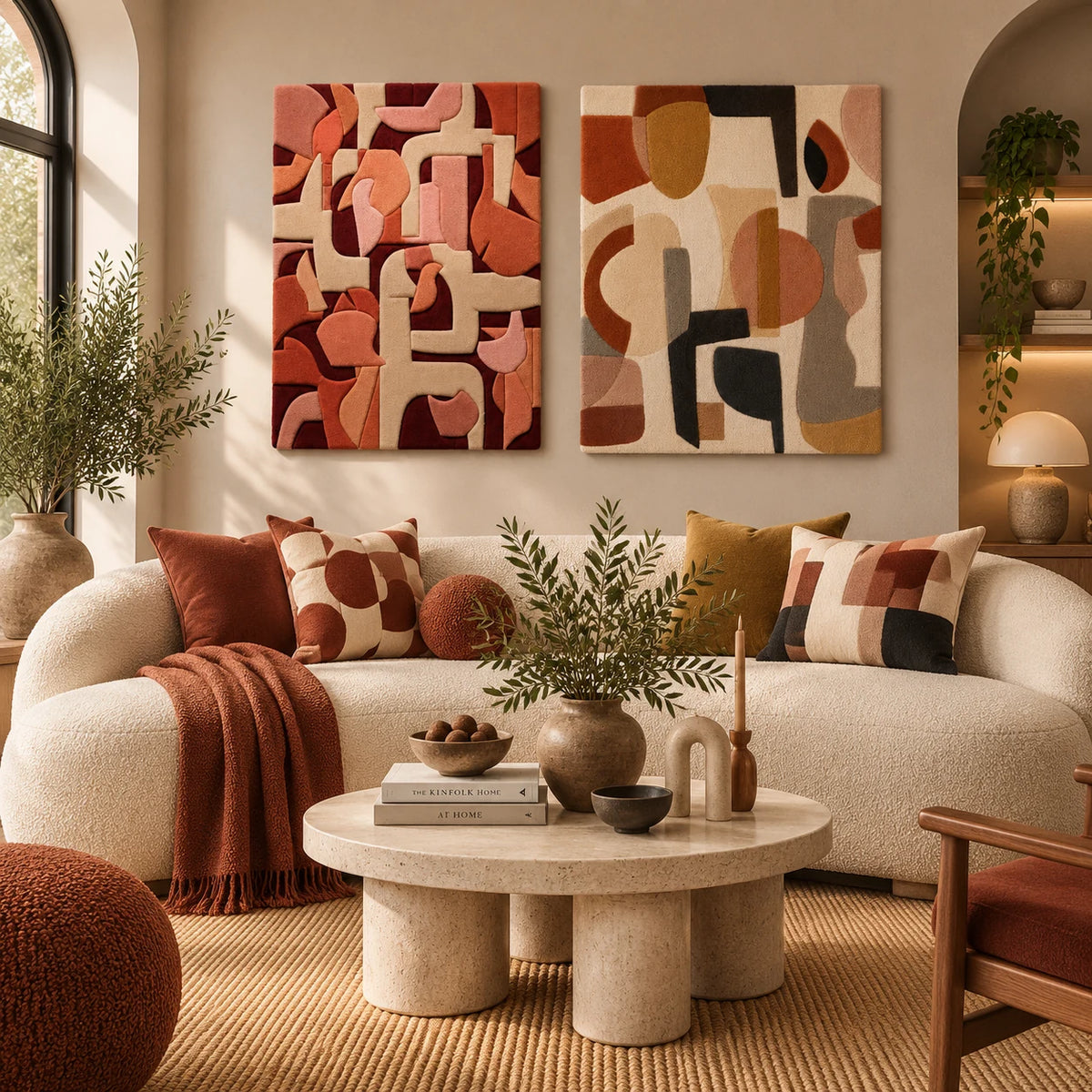 Cubist Coral Abstract × Desert Composition paired wool wall art in a styled room — Coral Construction