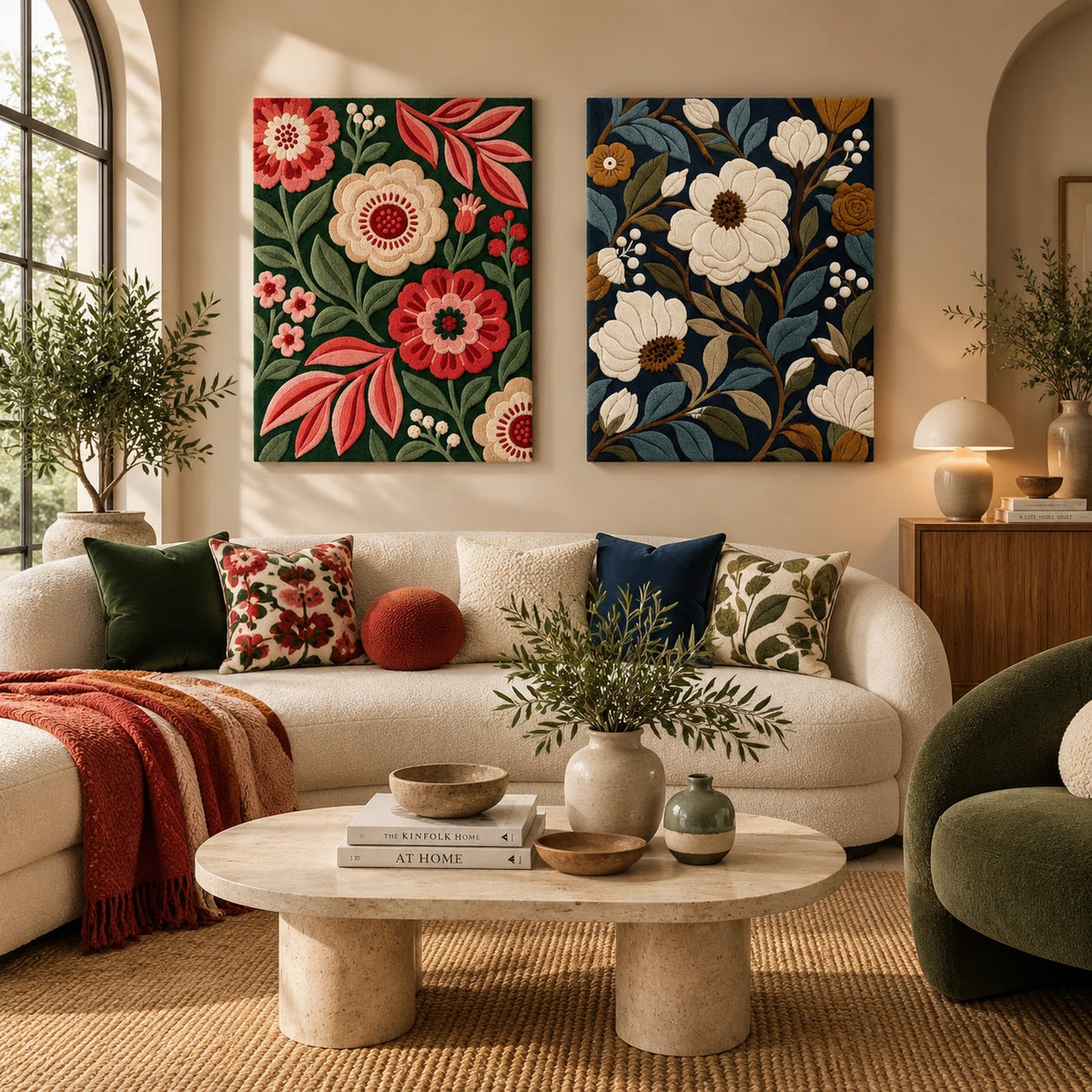 Coral Evergreen Bouquet × Ivory Night Garden paired wool wall art in a styled room — Evening Blossoms