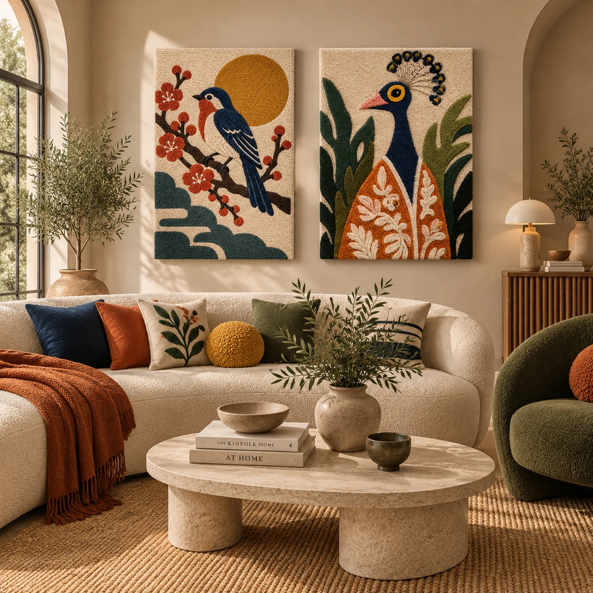 Songbird beneath the Golden Sun × Afterglow Parade paired wool wall art in a styled room — Sunlit Bird Grace