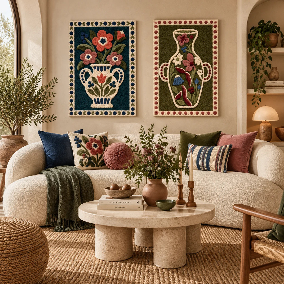 Coral Blooms in an Ivory Urn × Petals in an Olive Vessel paired wool wall art in a styled room — Petal Vessels