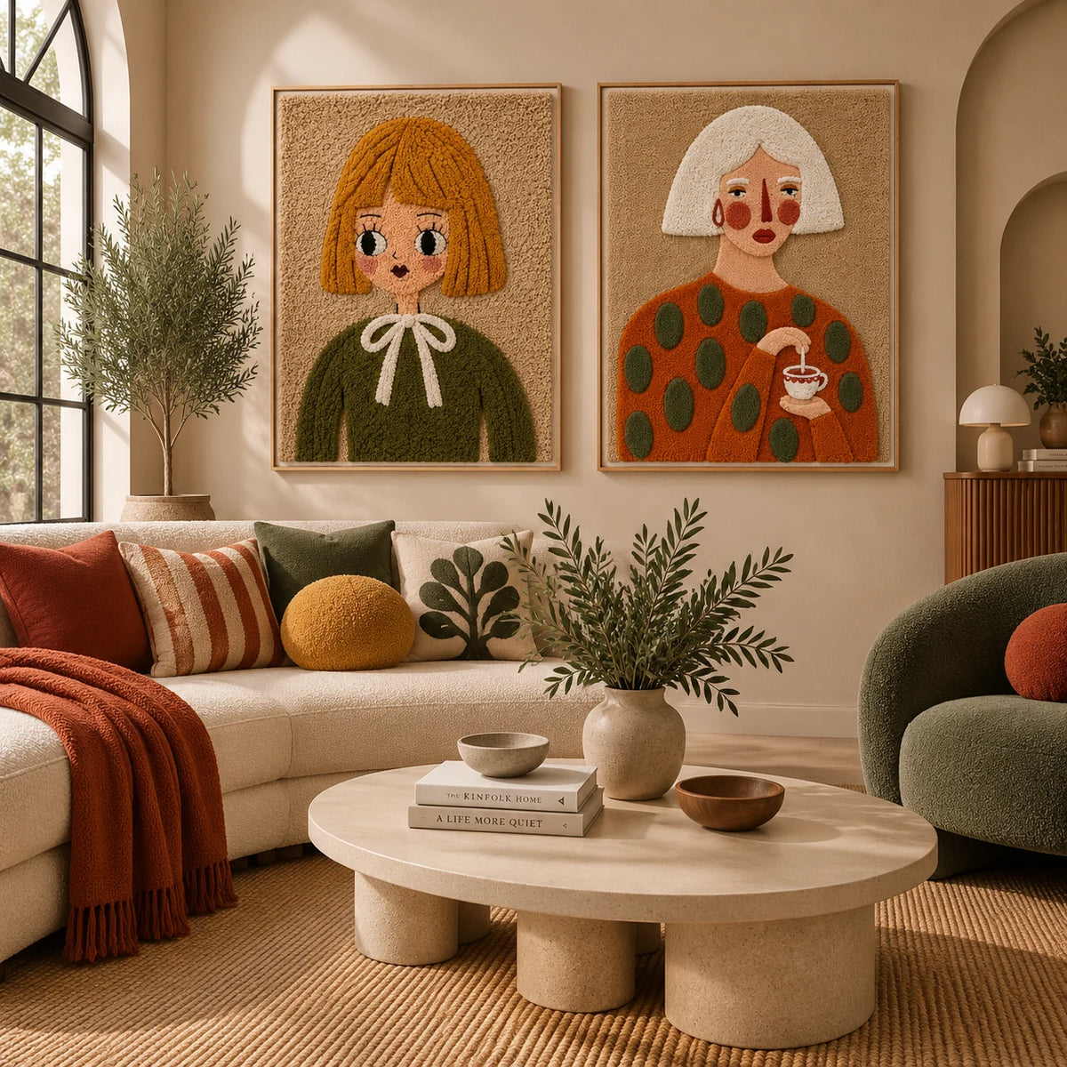 Olive Bow Girl × Tea with Alma paired wool wall art in a styled room — Olive Afternoon