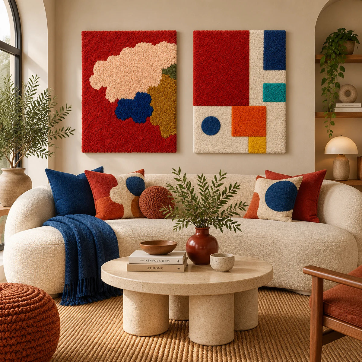 Crimson Cloud Stack × Vermilion Blocks and Blue Dot paired wool wall art in a styled room — Scarlet Shape Balance