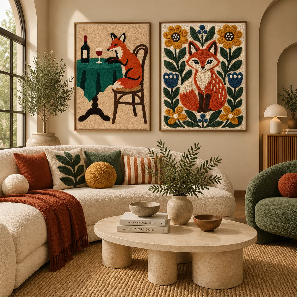 The Fox Takes a Table × The Sunflower Fox paired wool wall art in a styled room — Fox and Flowers