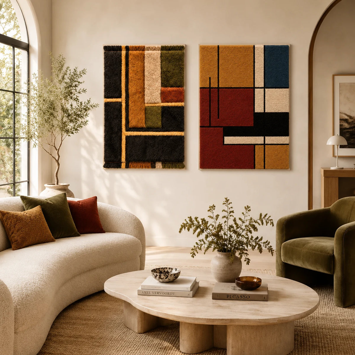 Charcoal and Ochre Framework × Ochre Axis paired wool wall art in a styled room — Ochre Framework