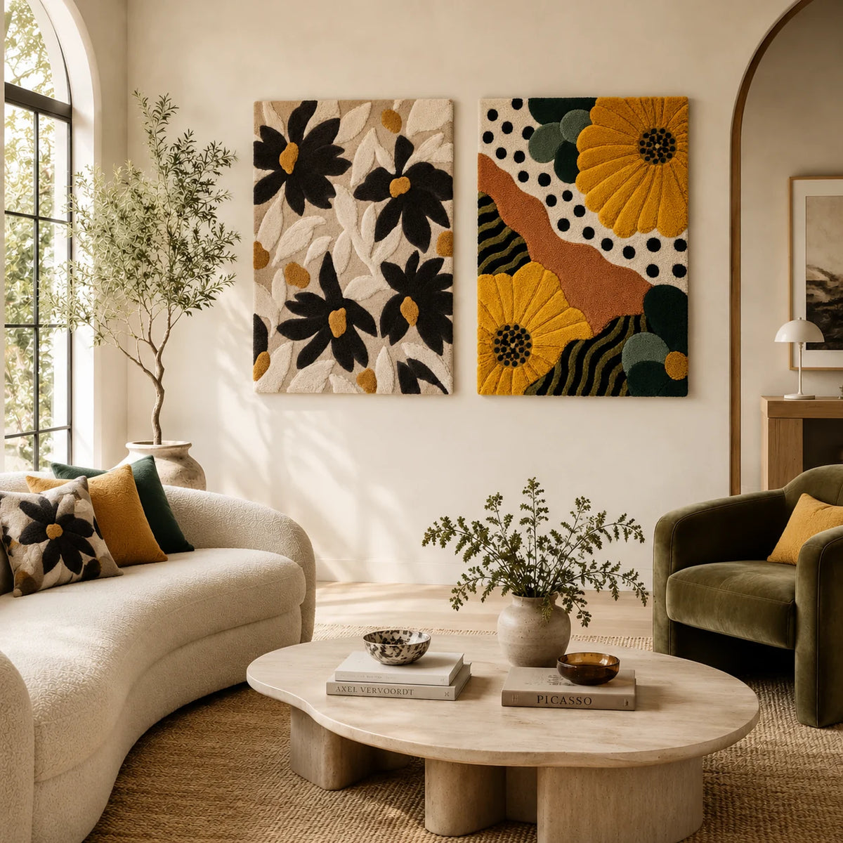 Black Daisies and Ochre Seeds × Gilded Lagoon paired wool wall art in a styled room — Ochre Petal Patterns