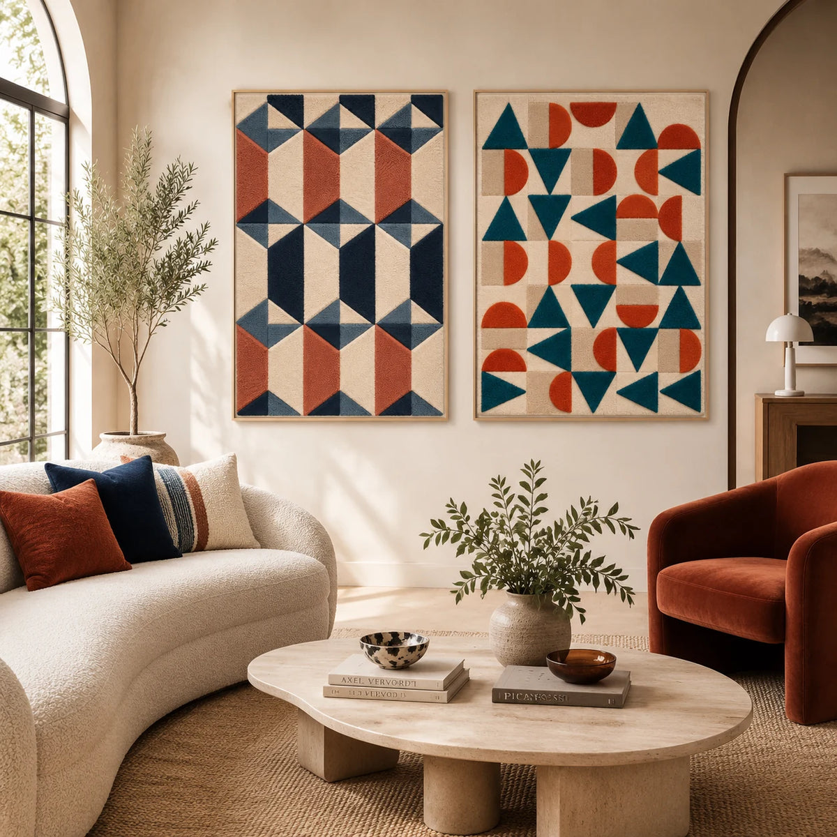 Rust and Navy Prism Columns × Teal Terracotta Shape Mosaic paired wool wall art in a styled room — Rust Facets