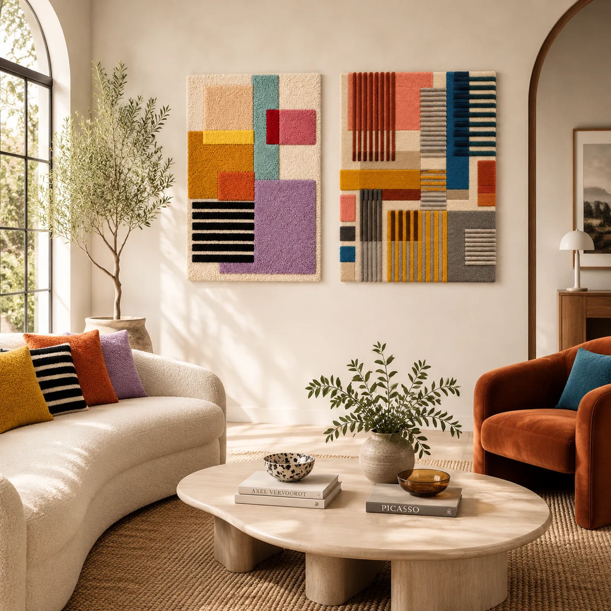 Pastel Block Parade × Sunset Loom Geometry paired wool wall art in a styled room — Pastel Loom Rhythm