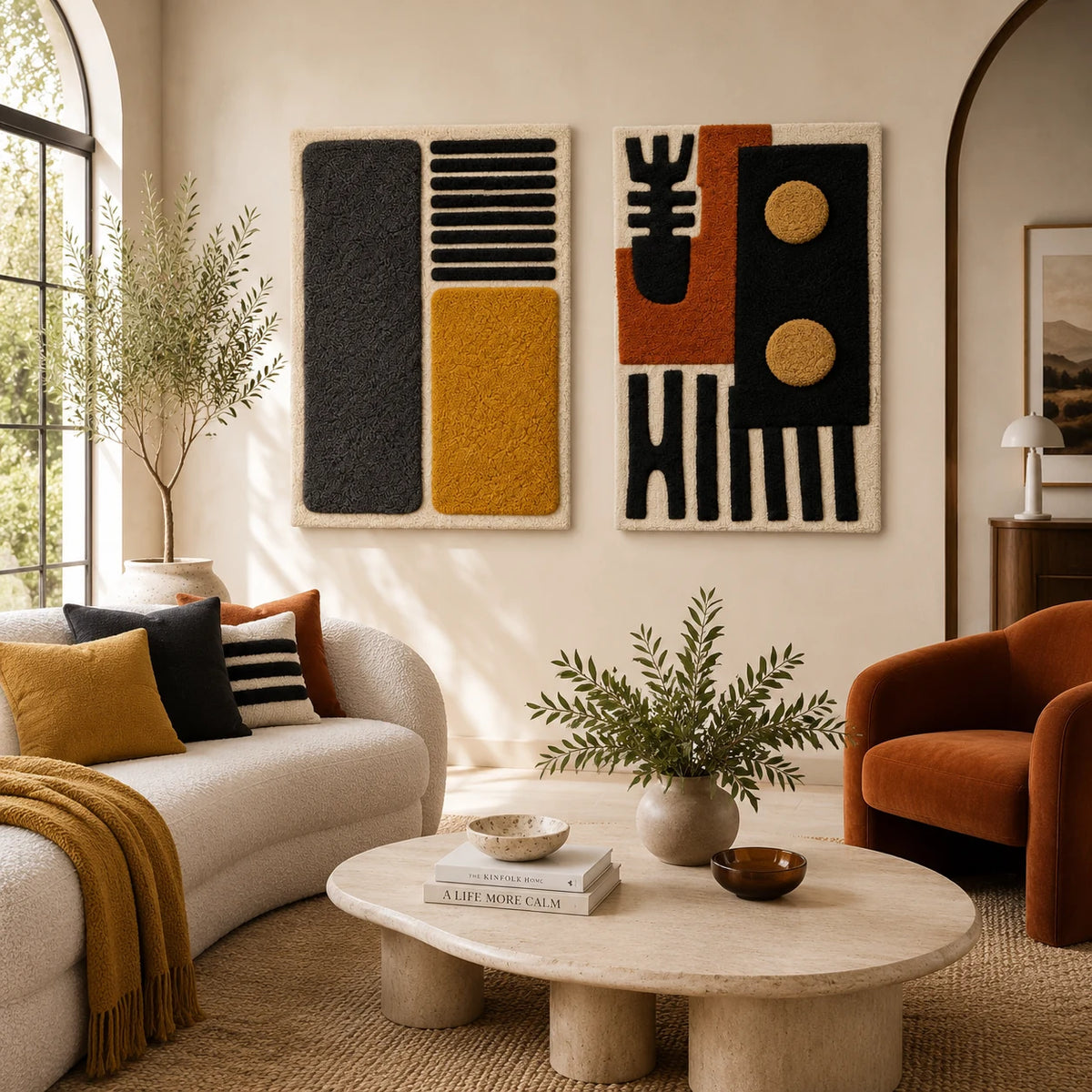Charcoal Slats and Ochre Block × Ochre Totem Signals paired wool wall art in a styled room — Ochre Signals