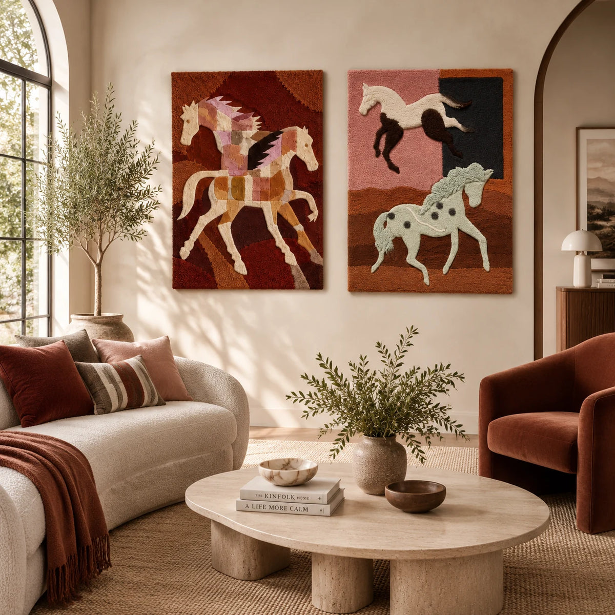 The Patchwork Pair × Three Horses at Dusk paired wool wall art in a styled room — Patchwork Gallop
