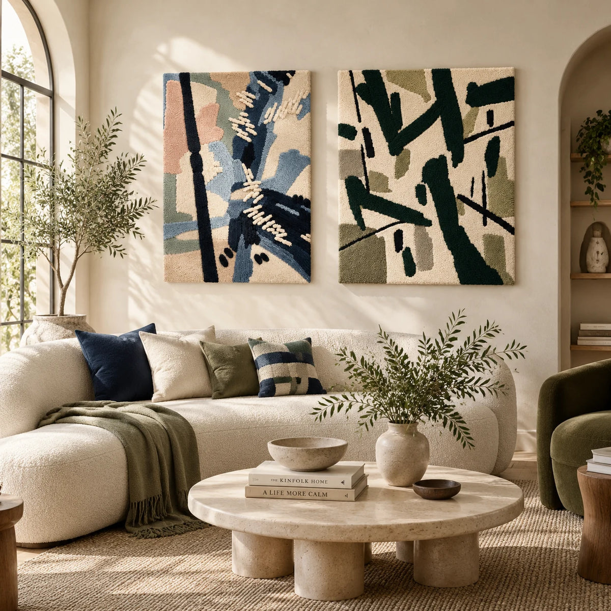 Folk Floral Bouquet × Midnight Medallion paired wool wall art in a styled room — Midnight Ornament Study