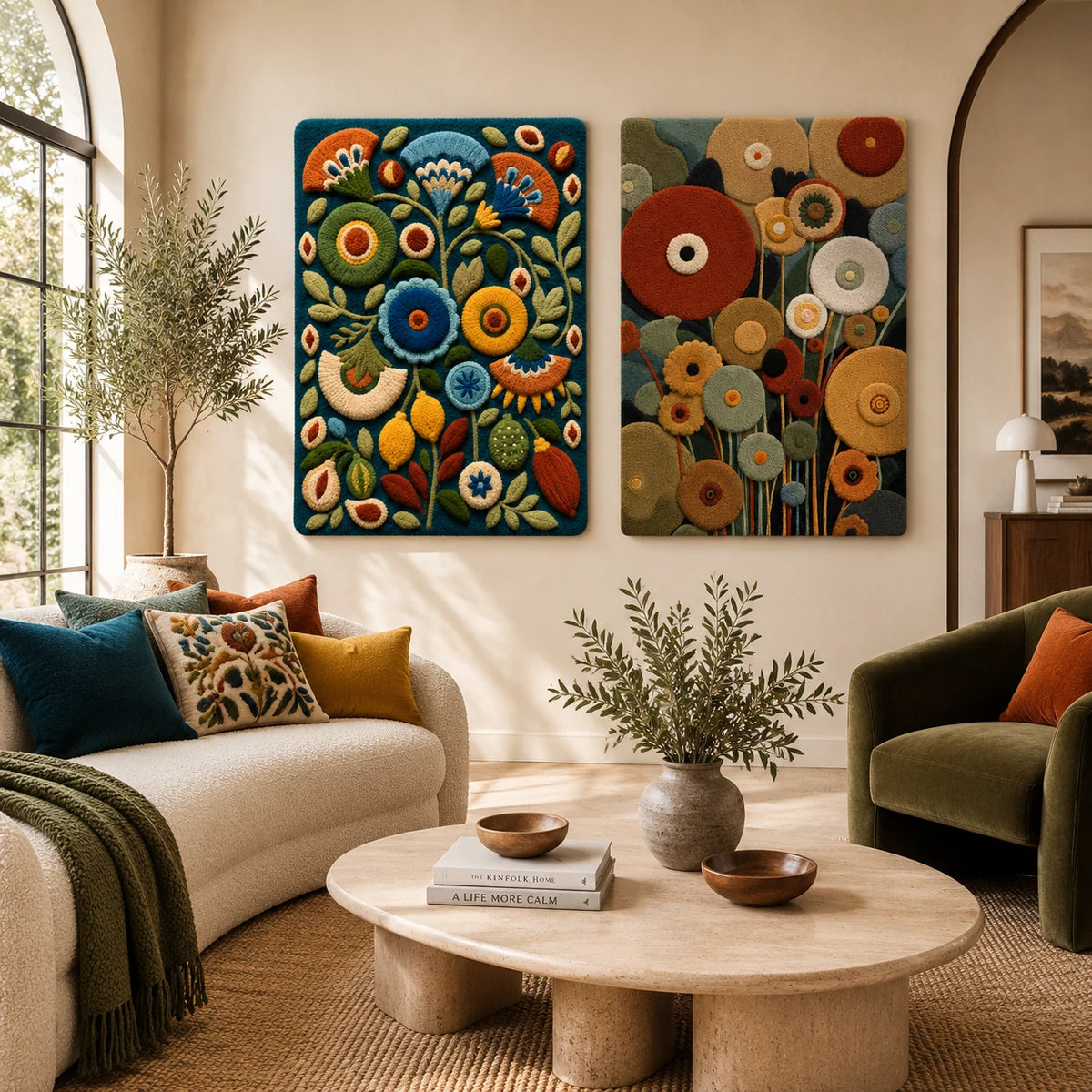 Afterglow Eclipse × Cinder Veranda paired wool wall art in a styled room — Earth Bloom Circles