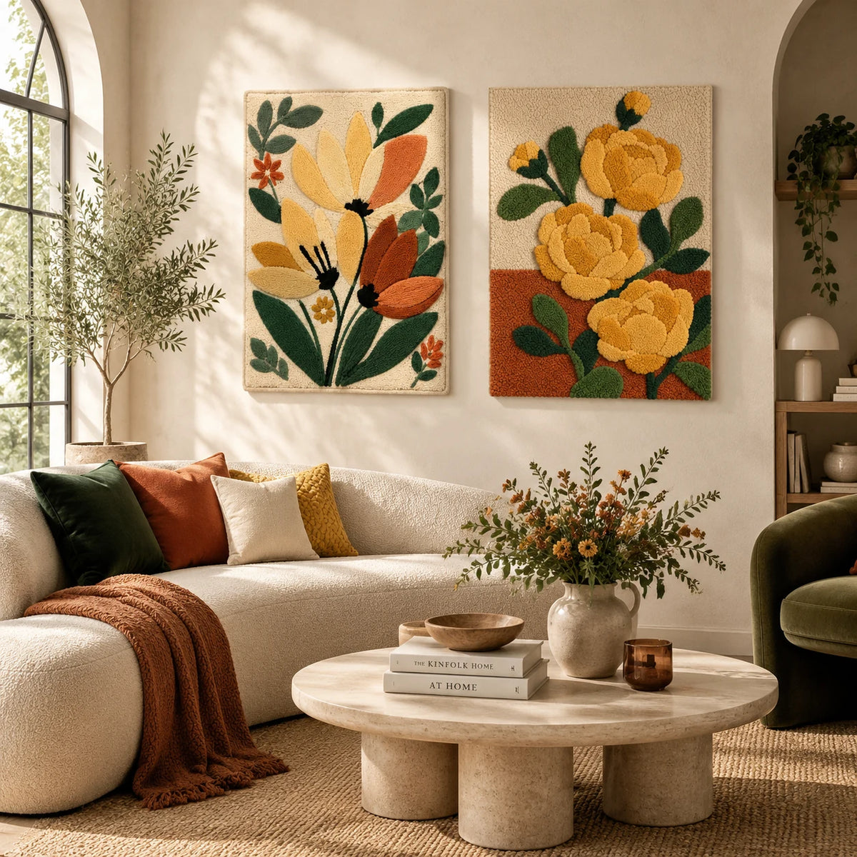 Afterglow Xanadu × Golden Rose Stem paired wool wall art in a styled room — Golden Meadow Blooms
