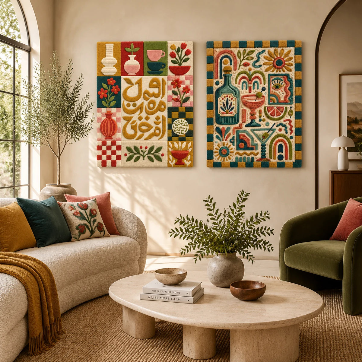 Ochre Calligraphy Garden Tiles × Sun Temple Glyphs paired wool wall art in a styled room — Golden Garden Glyphs