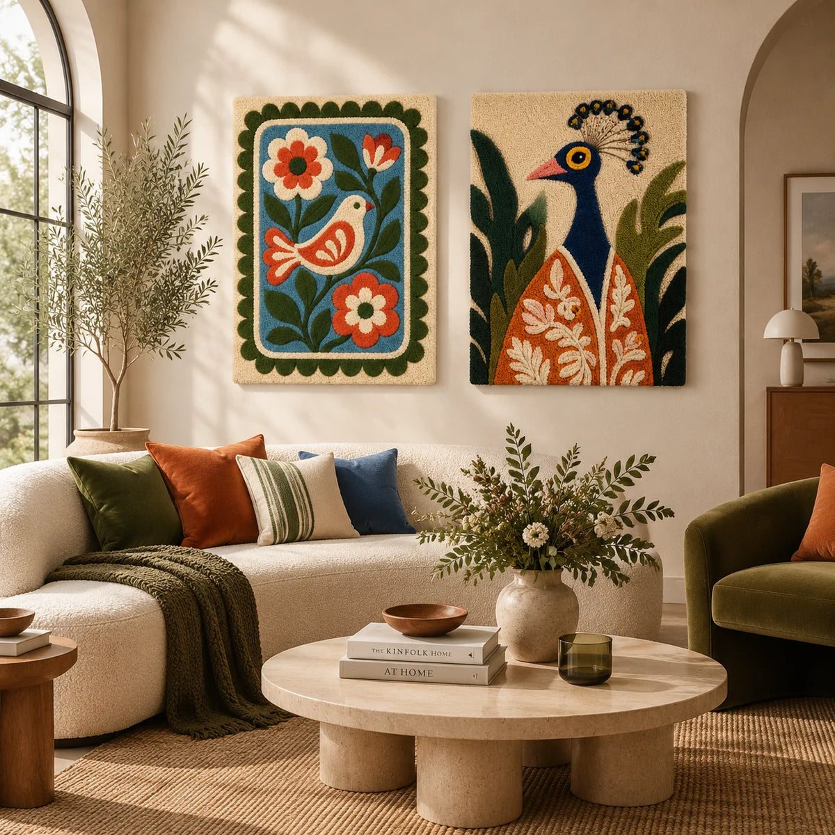 The Songbird Garden × Afterglow Parade paired wool wall art in a styled room — Orchard Song