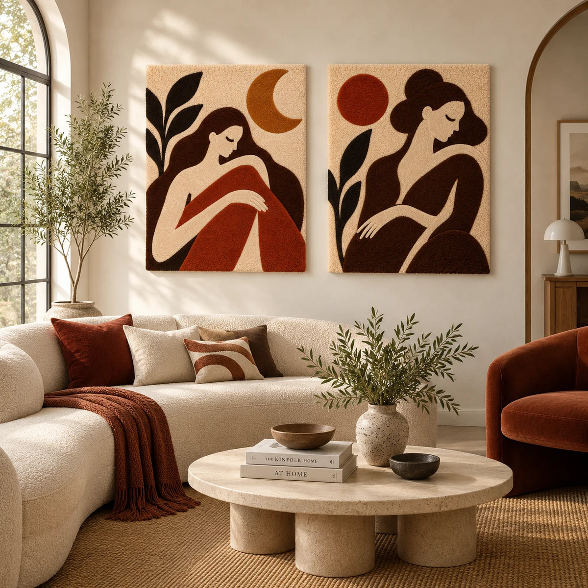 Moonlit Woman in Rust × Quiet Woman Under a Rust Sun paired wool wall art in a styled room — Sun and Crescent Rest