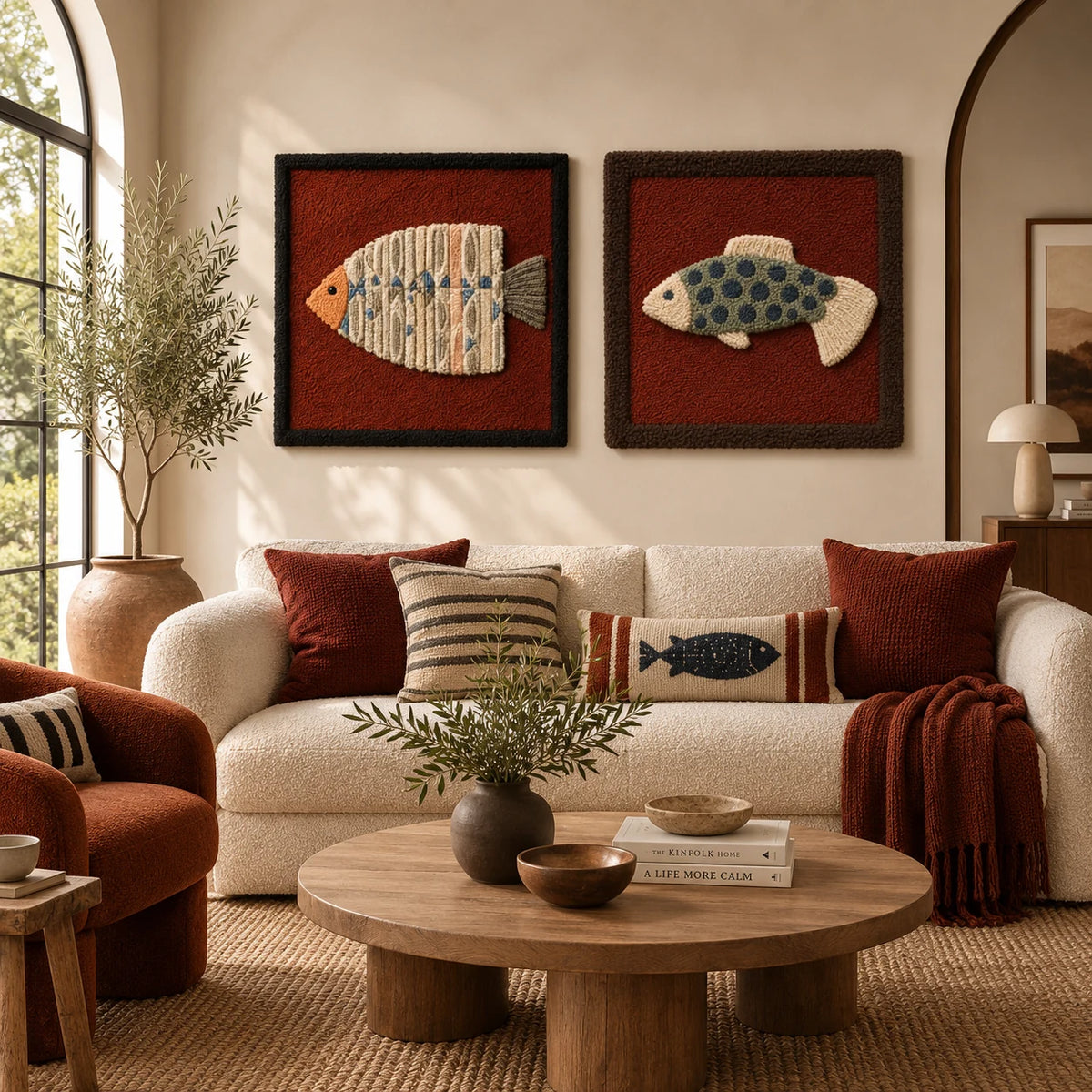 Terracotta Village × Village Tapestry paired wool wall art in a styled room — Fish in Russet
