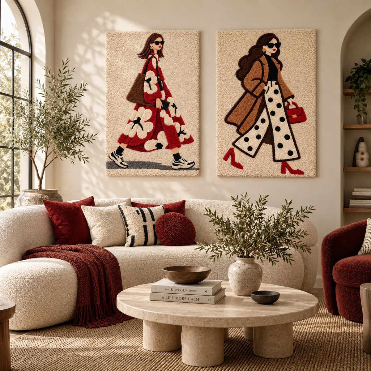 Crimson Daisy Errand × The Scarlet Handbag paired wool wall art in a styled room — Scarlet City Walk