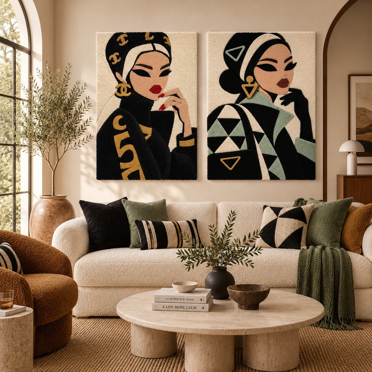 Golden Motifs Midnight Muse × Sage Triangles Quiet Poise paired wool wall art in a styled room — Midnight Gold and Sage