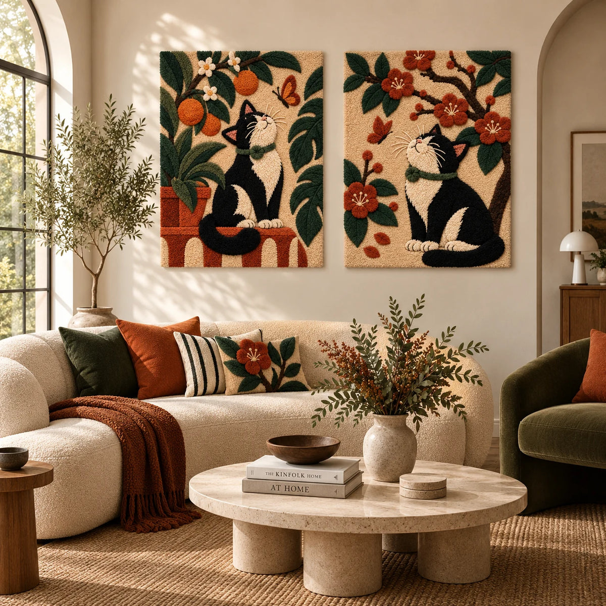 Orange Grove Catwatch × Tuxedo Cat Beneath Red Blossoms paired wool wall art in a styled room — Cats in the Garden