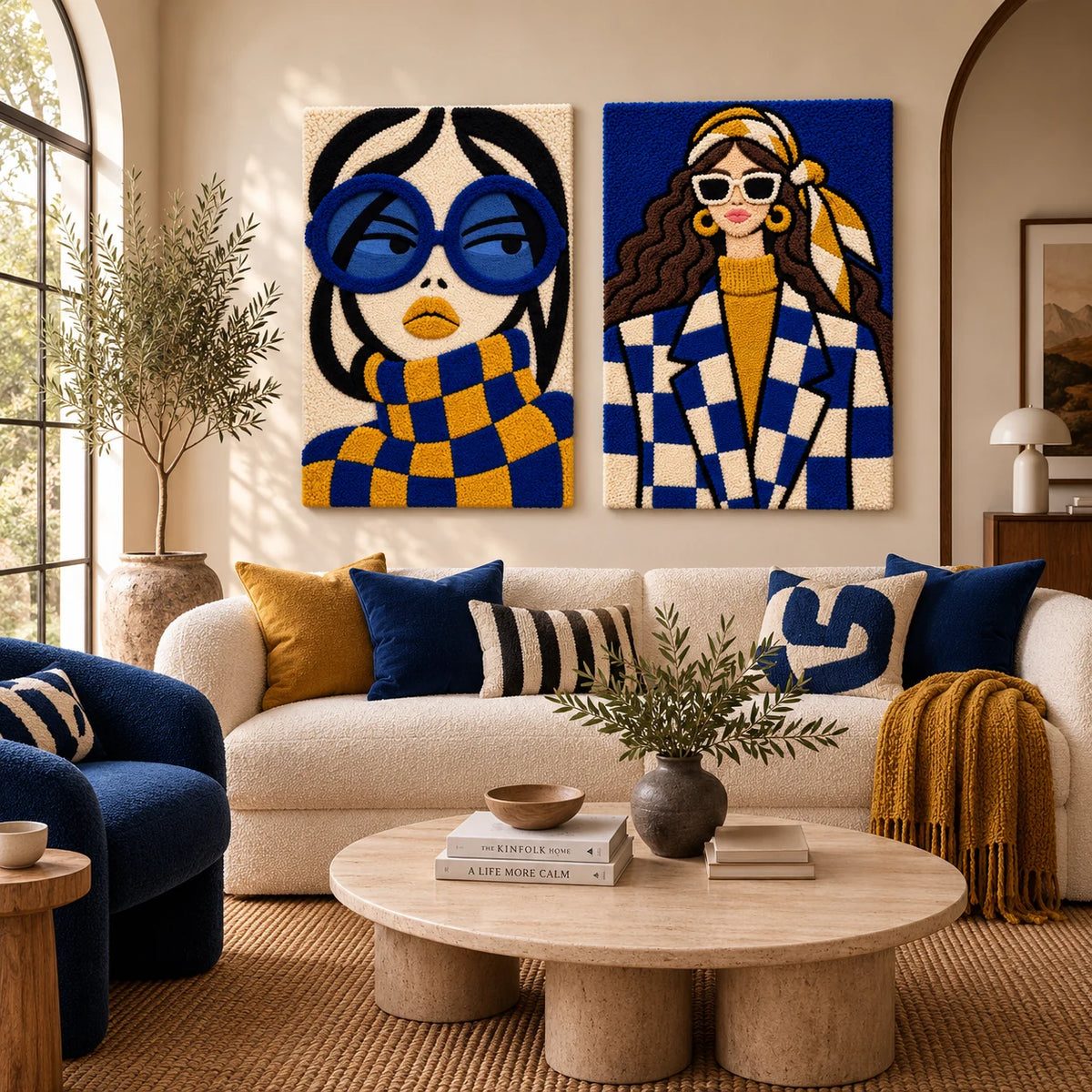 Cobalt Check Daydream × Cobalt Check Muse paired wool wall art in a styled room — Cobalt Check Daydreams
