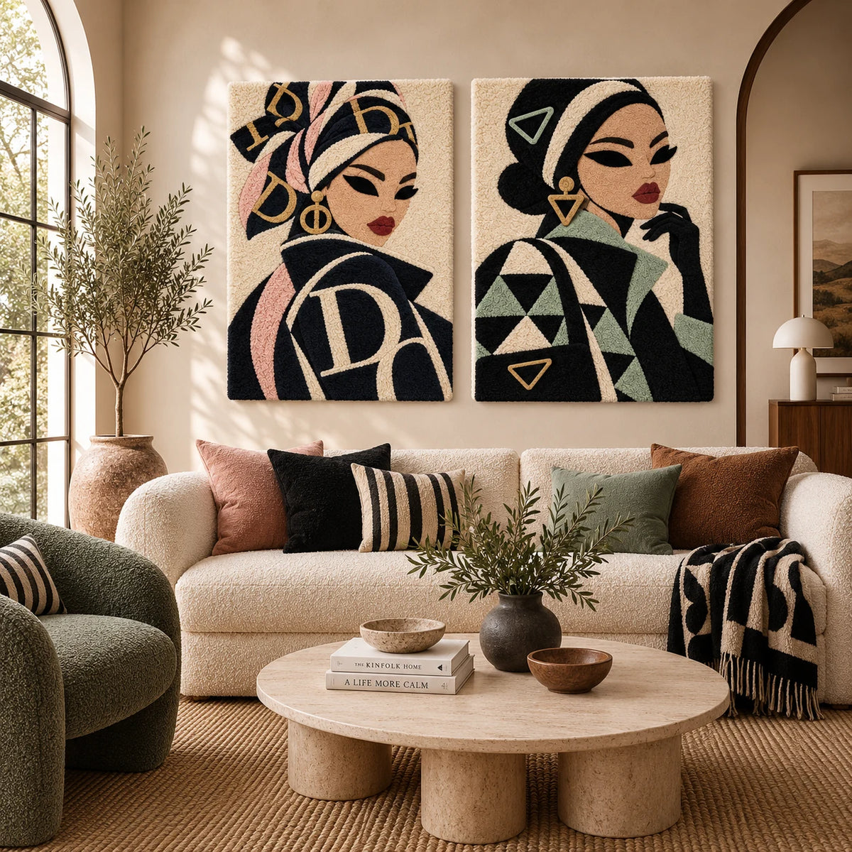 Midnight Wrap Blush Ribbons × Sage Triangles Quiet Poise paired wool wall art in a styled room — Blush and Sage Poise