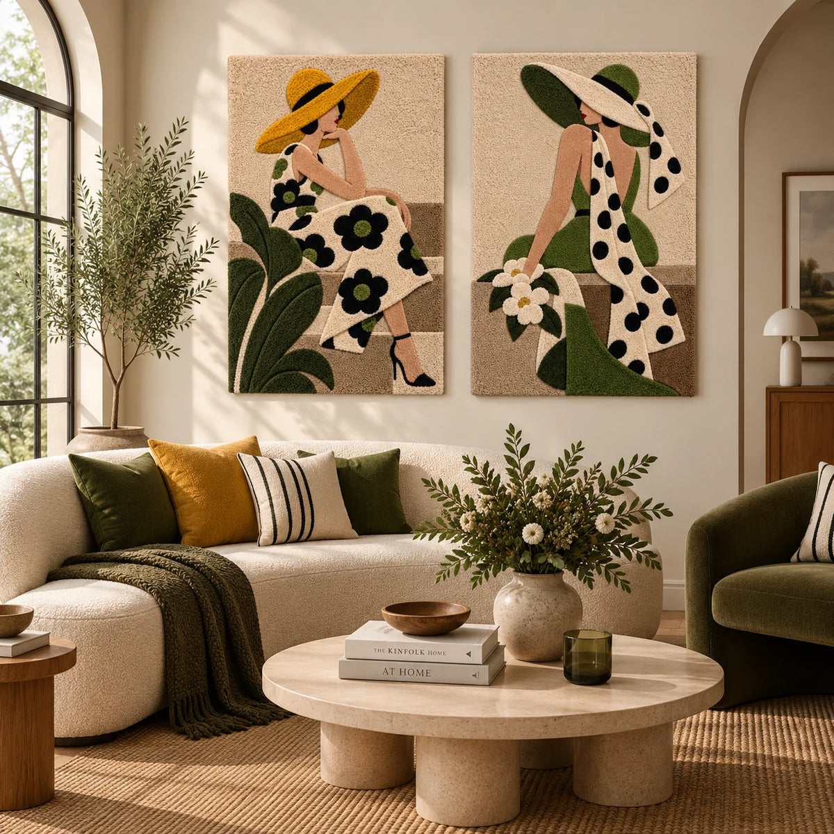 Golden Hat Garden Pause × Olive Hat and Polka Dot Scarf paired wool wall art in a styled room — Garden Hat Repose
