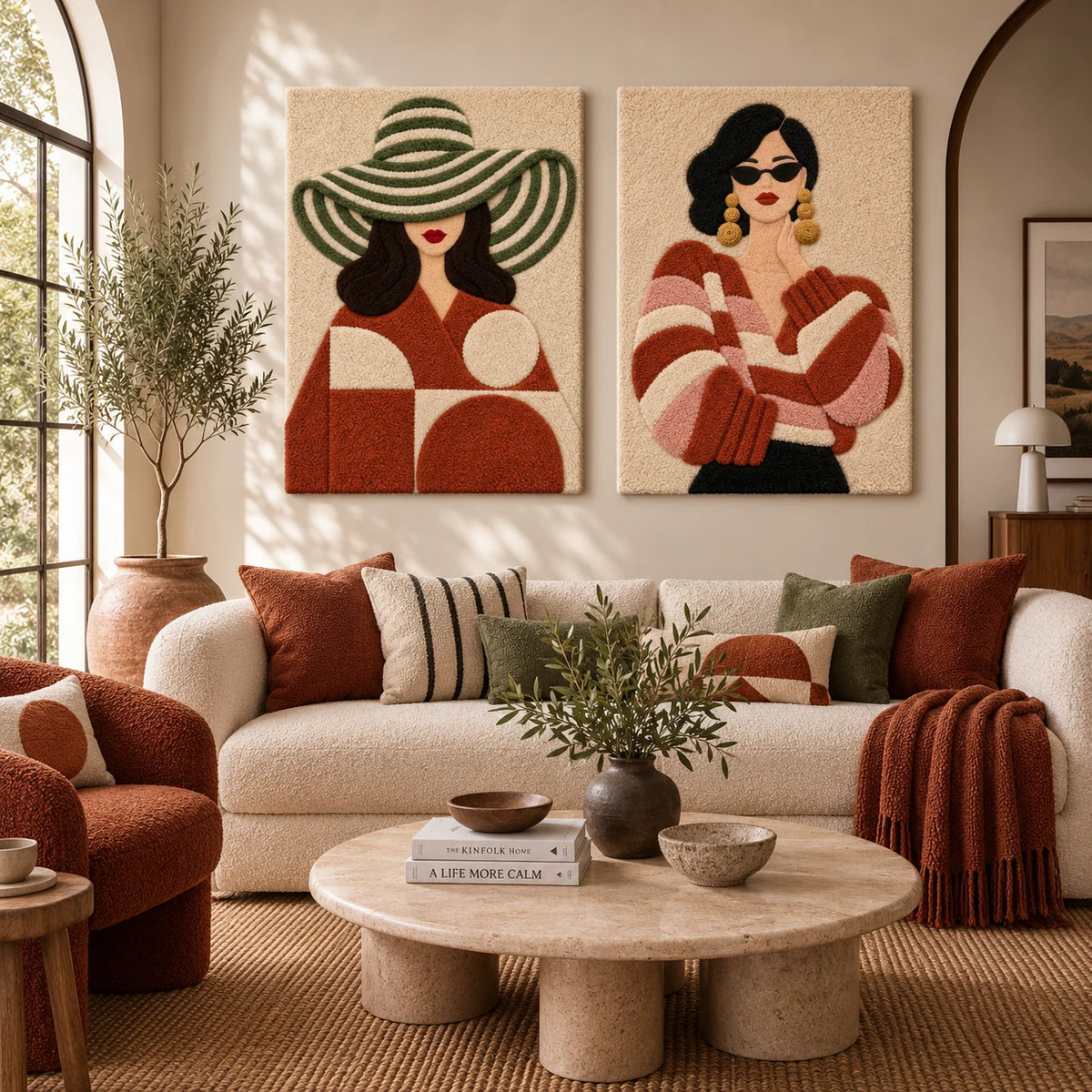 Olive Stripes Terracotta Muse × Rust Stripes and Quiet Confidence paired wool wall art in a styled room — Terracotta Quiet Confidence