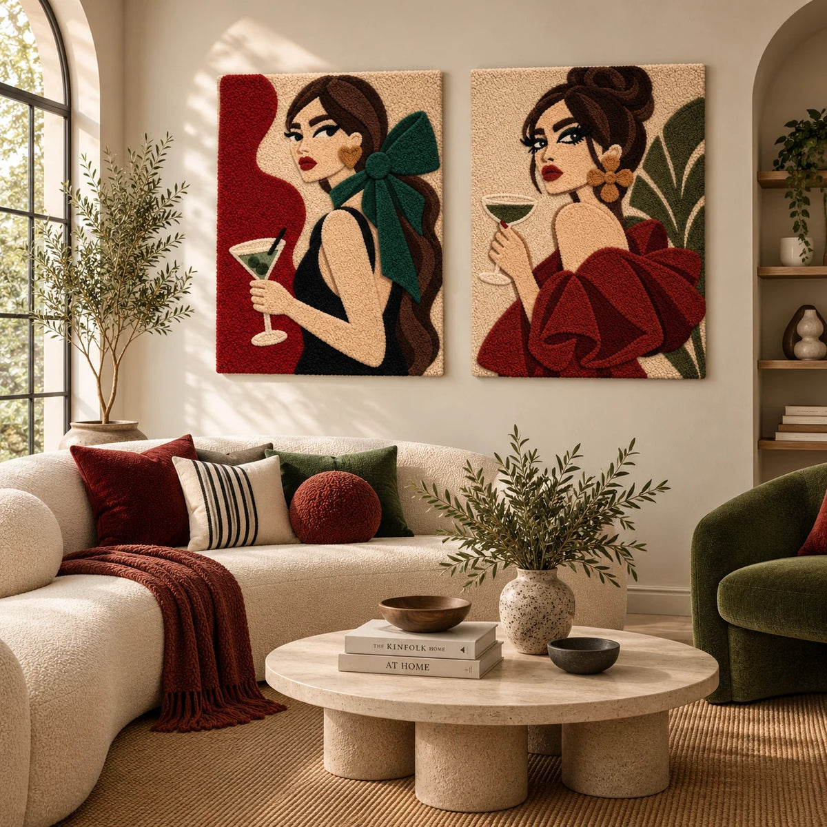 Emerald Bow at Dusk × The Terracotta Ruffle paired wool wall art in a styled room — Cocktails at Dusk