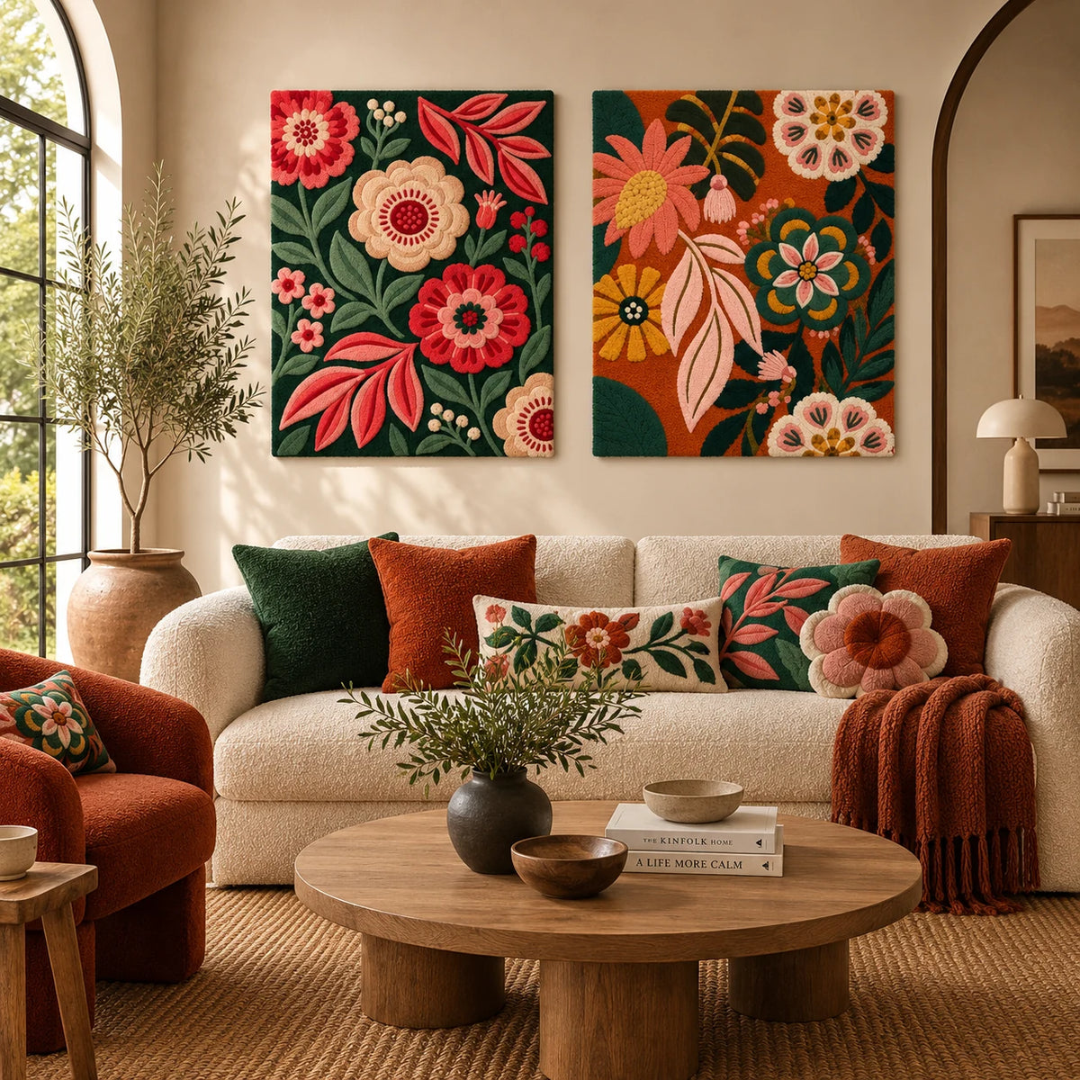 Coral Evergreen Bouquet × Terracotta Jardin paired wool wall art in a styled room — Coral Evergreen Gardens