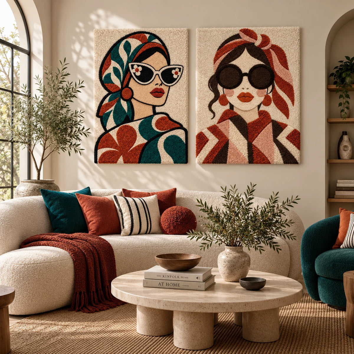 Autumn Cat-Eye Muse × The Rust Scarf Muse paired wool wall art in a styled room — Autumn Scarf Portraits