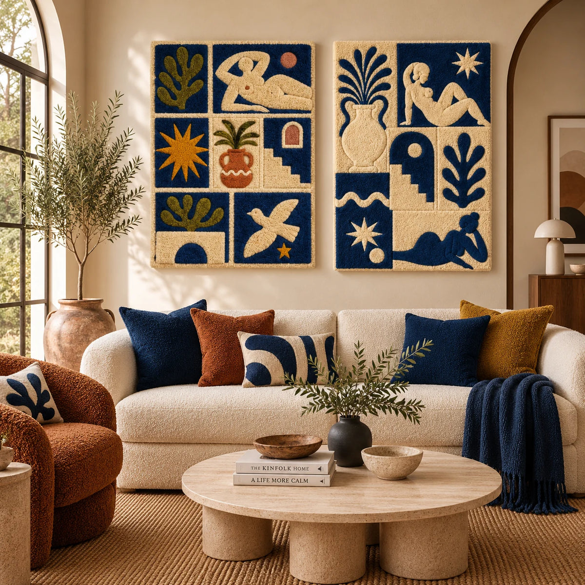 Blue Tile Muse × Sun and Moon Tiles paired wool wall art in a styled room — Blue Tile Daydreams