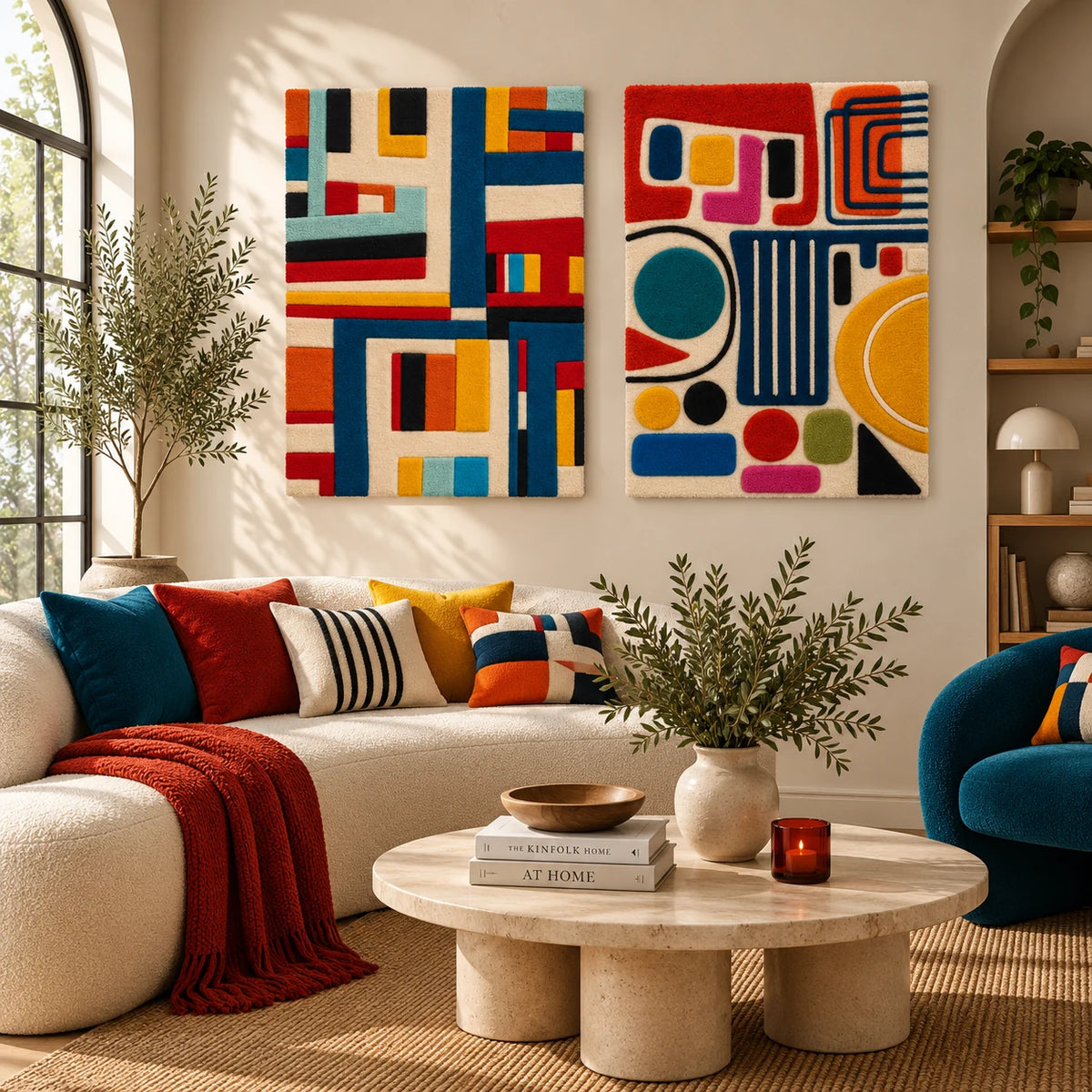 Primary Grid Intersections × Primary Shape Parade paired wool wall art in a styled room — Primary Shape Rhythm