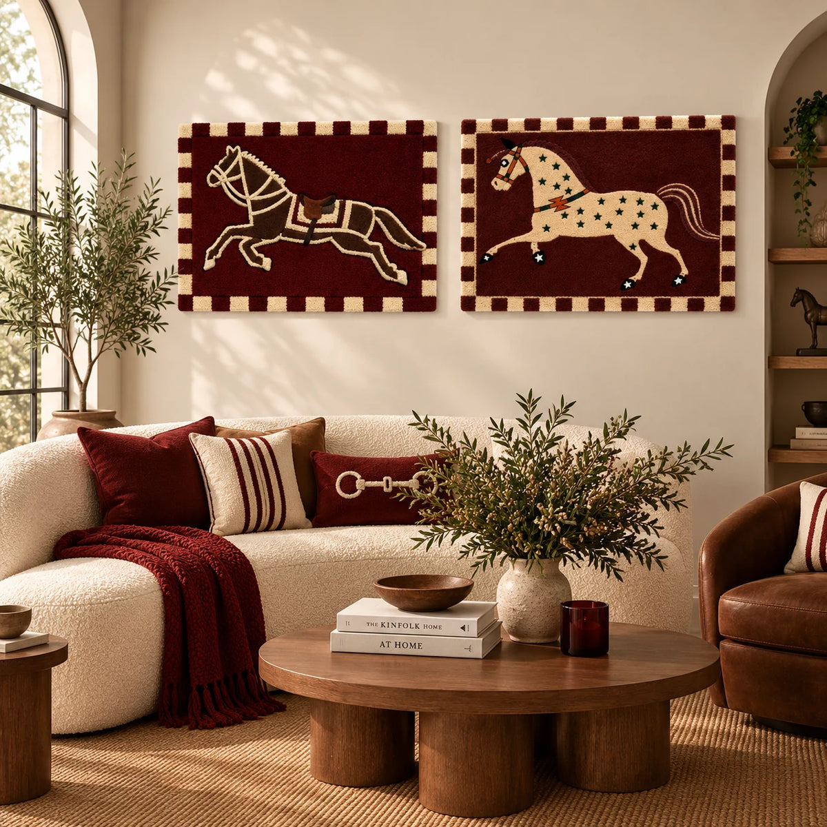 Burgundy Bridle × Cinder Isle paired wool wall art in a styled room — Burgundy Horse Rhythm