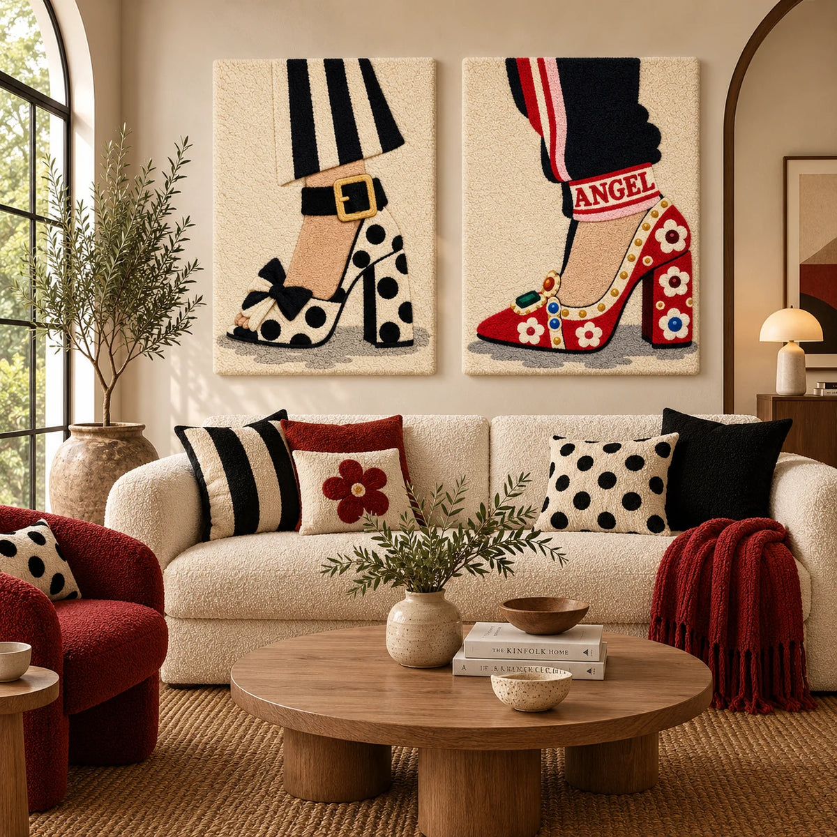 Polka Dot Heel and Striped Hem × Scarlet Floral Heel paired wool wall art in a styled room — Dots and Scarlet Petals