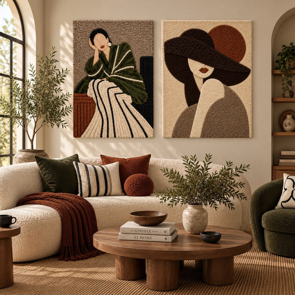 Olive Reverie × Quiet Muse beneath Umber Brim paired wool wall art in a styled room — Quiet Earth Figures