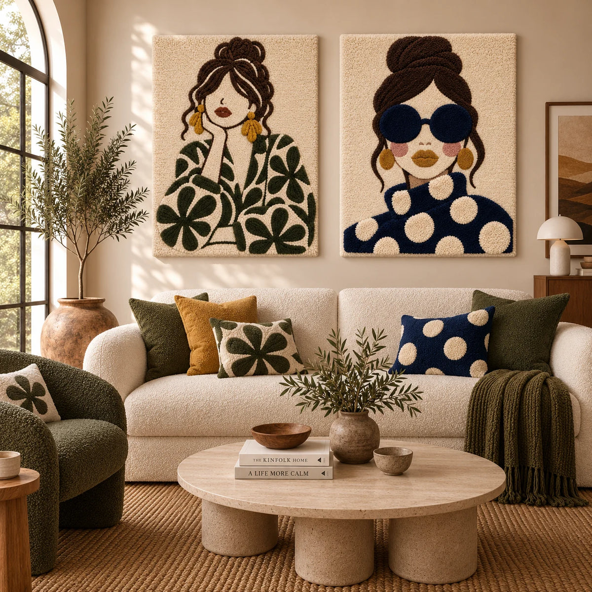 Olive Petal Daydream × The Midnight Polka-Dot Muse paired wool wall art in a styled room — Quiet Pattern Muses