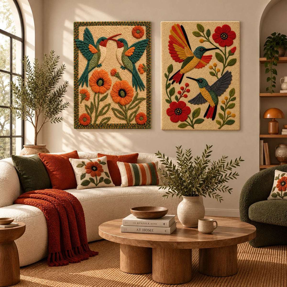Afterglow Orchard × Afterglow Veranda paired wool wall art in a styled room — Garden Flight Duet